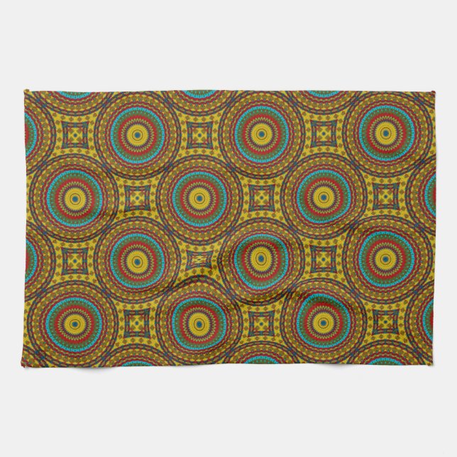 Cooles blaues gelbes Retro geometrisches Ethnic Tr Geschirrtuch (Horizontal)