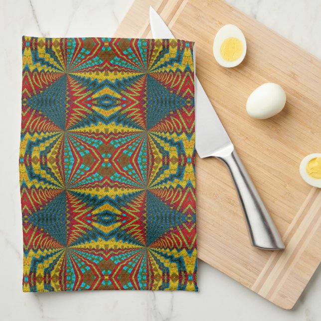 Cooles blaues gelbes Retro geometrisches Ethnic Tr Geschirrtuch (Viertel Falte)