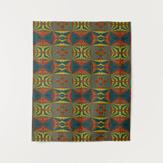 Cooles blaues gelbes Retro geometrisches Ethnic Tr Wandteppich (Vorderseite)