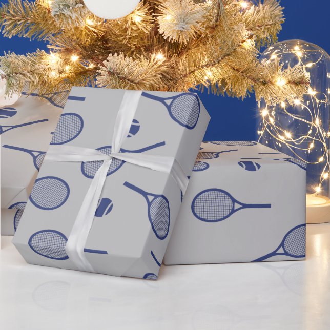 Cooles blaues Retro-Tennis-Racquets-Muster Grau Geschenkpapier (Feiertage)