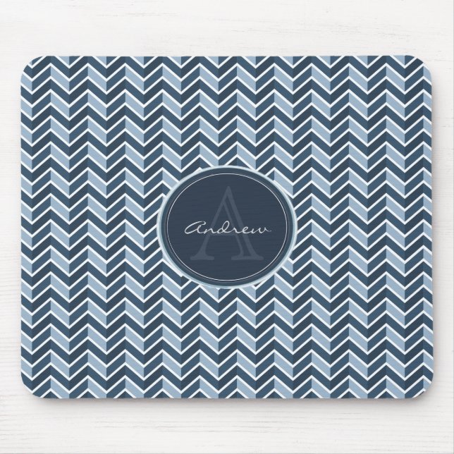 Cooles blaues Zickzack Muster-Monogramm Mousepad (Vorne)
