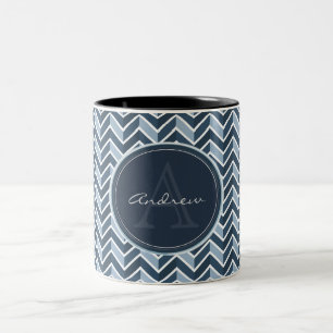 Cooles blaues Zickzack Muster Monogramm Zweifarbige Tasse