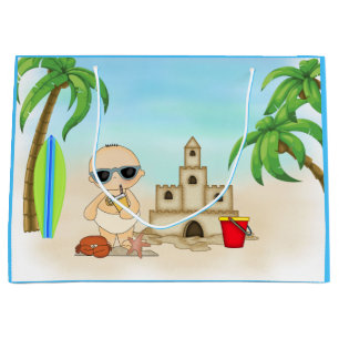 Cooles Boy Beach Baby mit Sandburg und Surfboard Große Geschenktüte