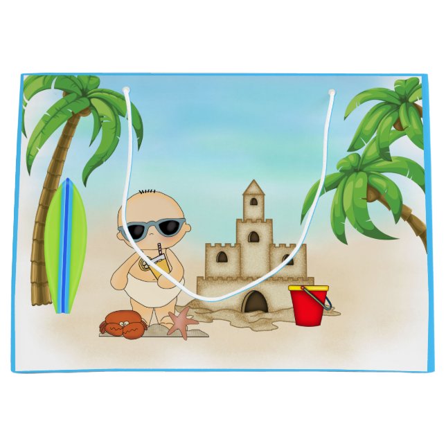 Cooles Boy Beach Baby mit Sandburg und Surfboard Große Geschenktüte (Vorderseite)