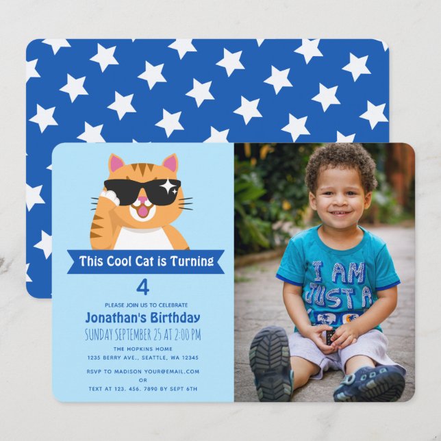 Cooles Cat Funny Niedlich Child's Birthday Foto Einladung (Vorne/Hinten)