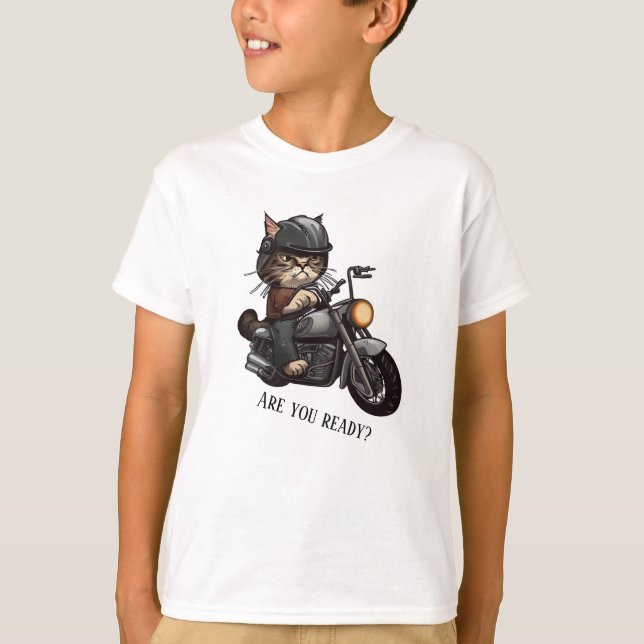 Cooles Cat Riding Motorrad Sind Sie bereit T-Shirt (Vorderseite)