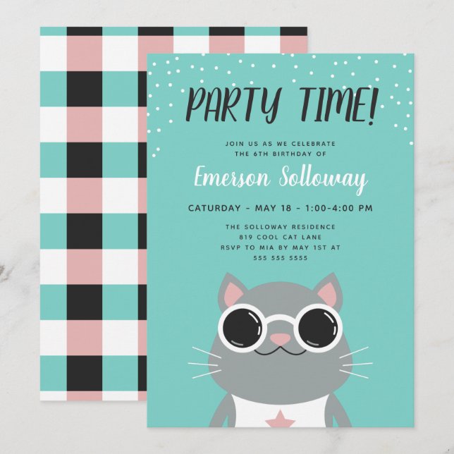 Cooles Cat Türkise Kindergeburtstag Party Einladung (Vorne/Hinten)