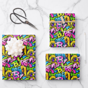 Cooles Comic-Graffiti-Kachel-Muster Geschenkpapier Set