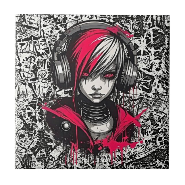 Cooles Cyber 2K Urban Emo Girl mit Kopfhörer Art Fliese (Vorderseite)
