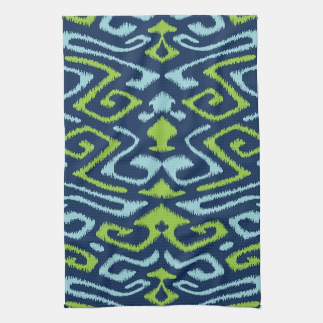 Cooles dunkles Marineblau und grünes Stammes- ikat Geschirrtuch (Vertikal)