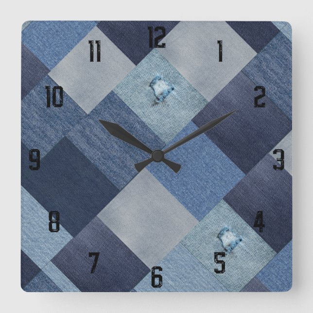 Cooles einzigartiges Patchwork Denim Vintag Quadratische Wanduhr (Vorderseite)
