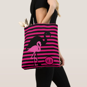 Cooles Flamingo Schwarz/Rosa Streifen Monogramm Tasche