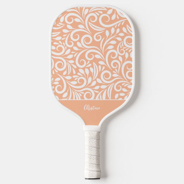 Cooles florales Elegante Peach Mit Monogramm Name  Pickleball Schläger (Vorderseite)