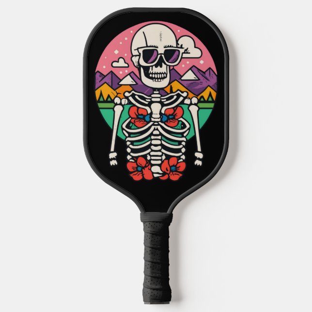 Cooles Funny Skelett und Sonnenaufgang Retro Pickleball Schläger (Vorderseite)