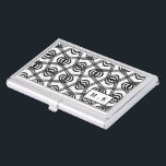 Cooles geometrisches Muster-Schwarzweiss-Monogramm Visitenkarten Dose<br><div class="desc">Wirbler geometrischer gemusterter GeschäftsSchwarzweiss-Kartenhalter mit modernem Monogramm.</div>