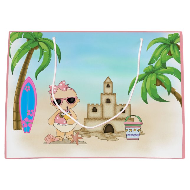 Cooles Girl Beach Baby mit Sandcastle und Surfboar Große Geschenktüte (Vorderseite)