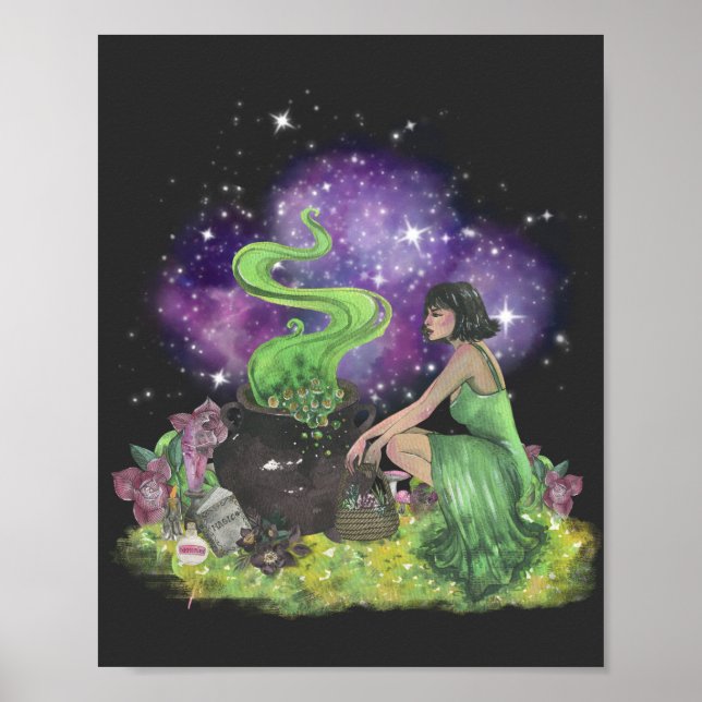 Cooles Halloween schöne junge Hexe mit Kräutern Poster (Vorne)
