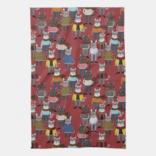 Cooles Hipster-Katzen-Muster Geschirrtuch (Vertikal)
