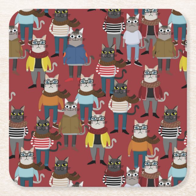Cooles Hipster-Katzen-Muster Rechteckiger Pappuntersetzer (Vorderseite)