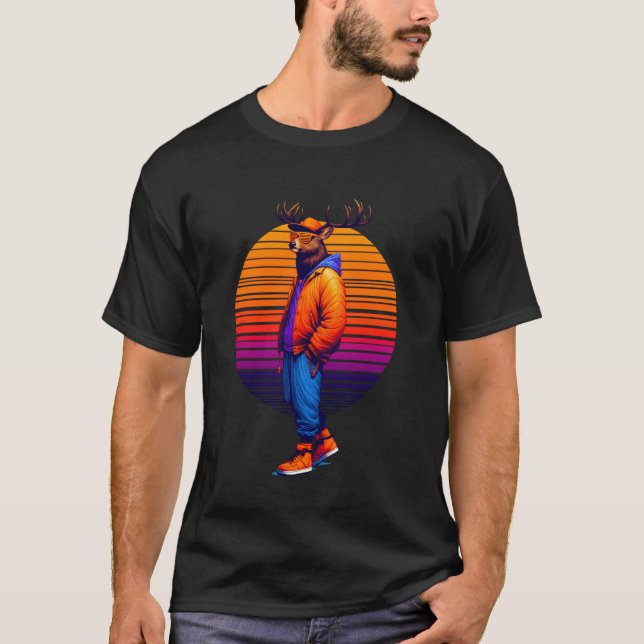 Cooles Hirsch Modernes Urbanes Sunset Retro Art T-Shirt (Vorderseite)