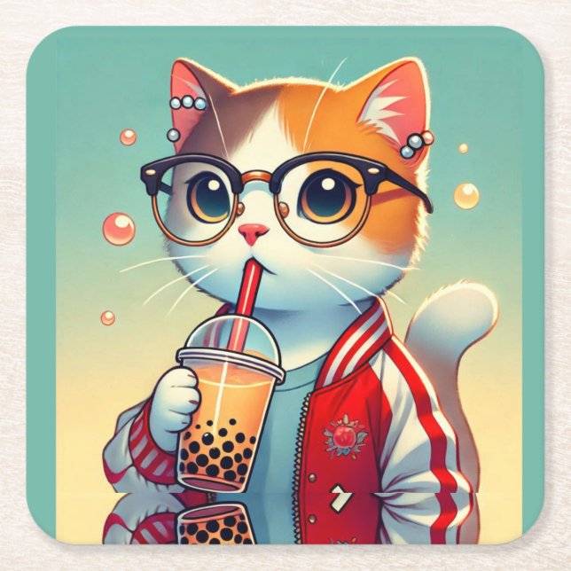 Cooles Katzen-Trinkboba Rechteckiger Pappuntersetzer (Vorderseite)