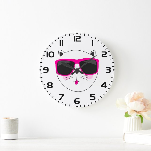 Cooles Katzengesicht mit rosa Sonnenbrille Niedlic Große Wanduhr (Von Creator hochgeladen)