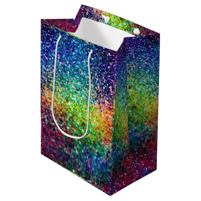 Cooles mehrfarbiges Retro-Glitzer & Glitzern Muste Mittlere Geschenktüte (Vorderseite Schrägansicht)