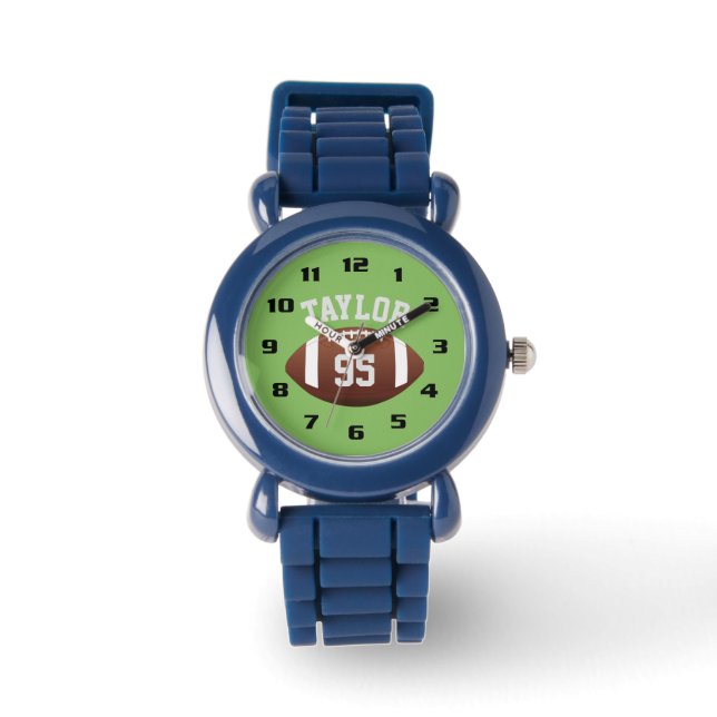 Cooles Monogramm mit Name und Anzahl Fußballkinder Armbanduhr (Vorderseite)