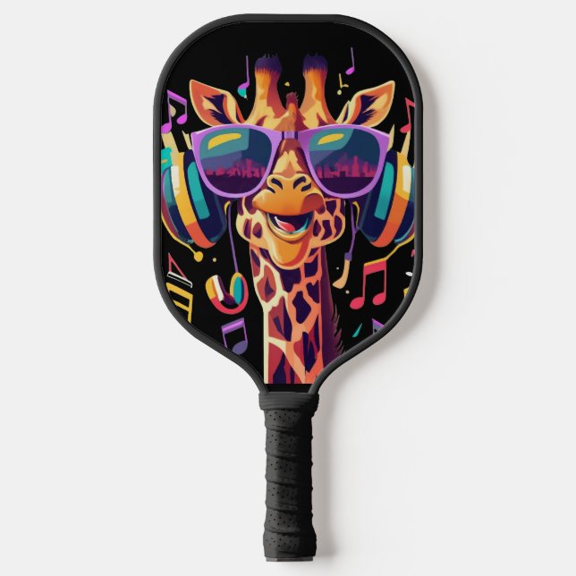 Cooles Party Giraffe mit Kopfhörern Pickleball Schläger (Vorderseite)
