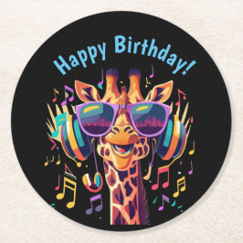 Cooles Party Giraffe mit Kopfhörern Runder Pappuntersetzer