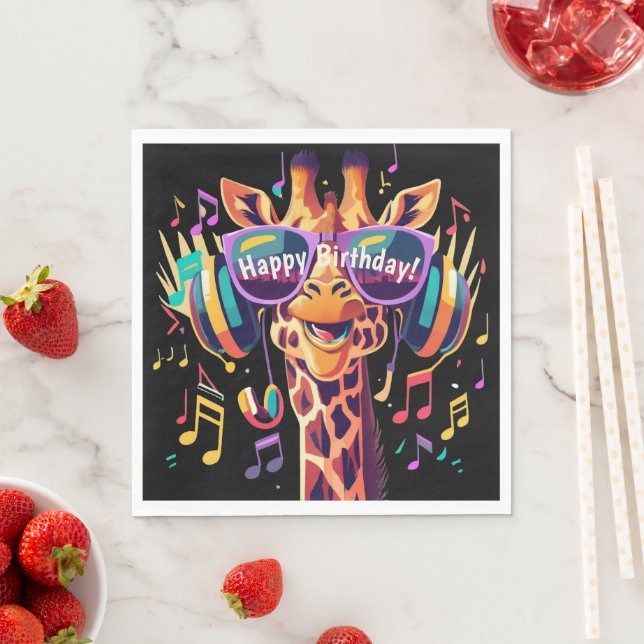Cooles Party Giraffe mit Kopfhörern Serviette (Beispiel)