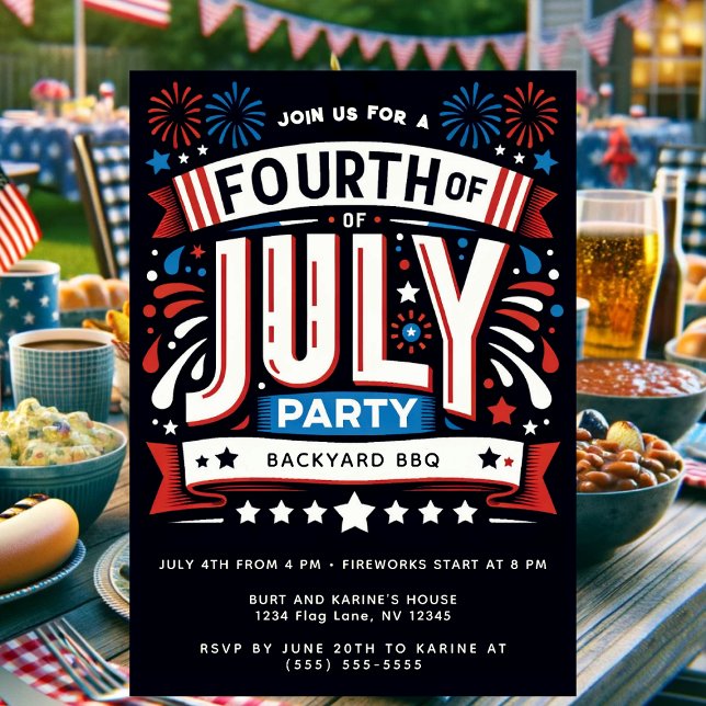 Cooles Patriotisches Amerikanische Unabhängigkeits Einladung (Patriotic Fourth of July party invitation with red, white, and blue fireworks design for a backyard )
