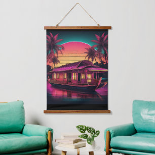 cooles Retro-rosa Kerala-Hausboot Wandteppich Mit Holzrahmen