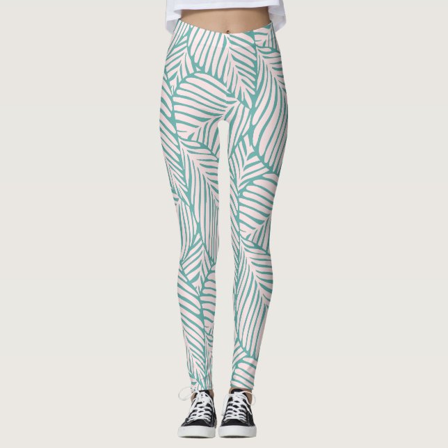 Cooles Retromuster l Tropenblatt l Rosa und Grün Leggings (Vorderseite)