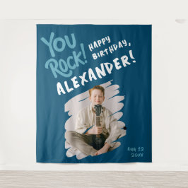 Cooles Rock Happy Bday Blue White Brush Foto Wandteppich