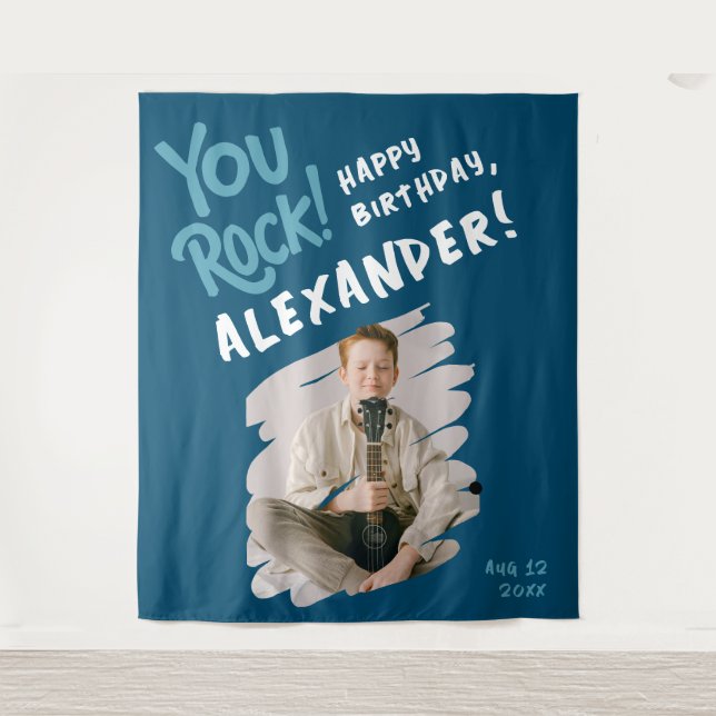 Cooles Rock Happy Bday Blue White Brush Foto Wandteppich (Vorderseite)