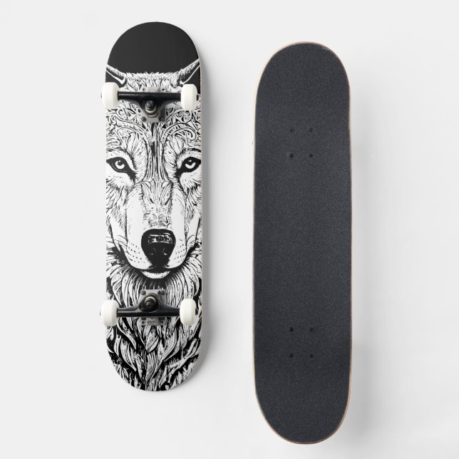 Cooles Schwarz-Weiß-Wolf-Gesicht Skateboard (Vorderseite)