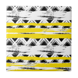 Cooles Schwarz-weißes Gelb Stripes Stammes- Muste Fliese