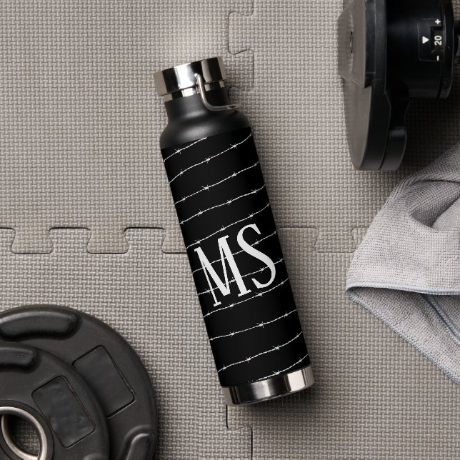 Cooles Schwarzweiß-Stacheldraht Monogram Trinkflasche (Fitnessstudio)