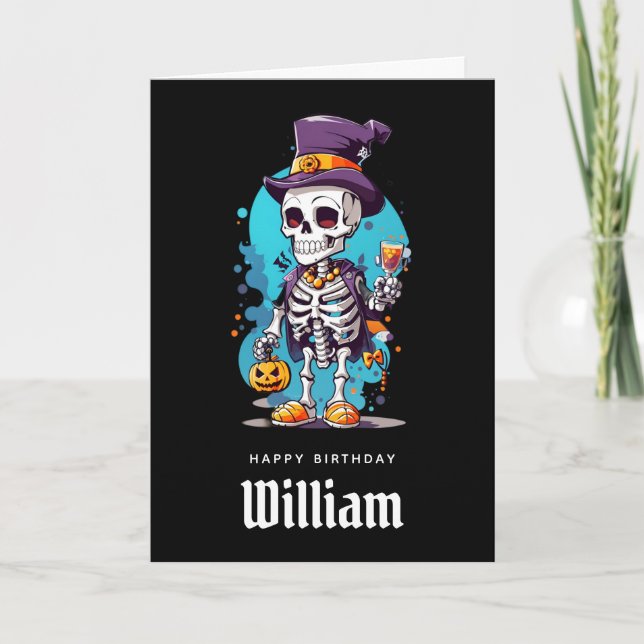 Cooles Skelett in einem Top Hat Halloween Geburtst Karte (Vorderseite)