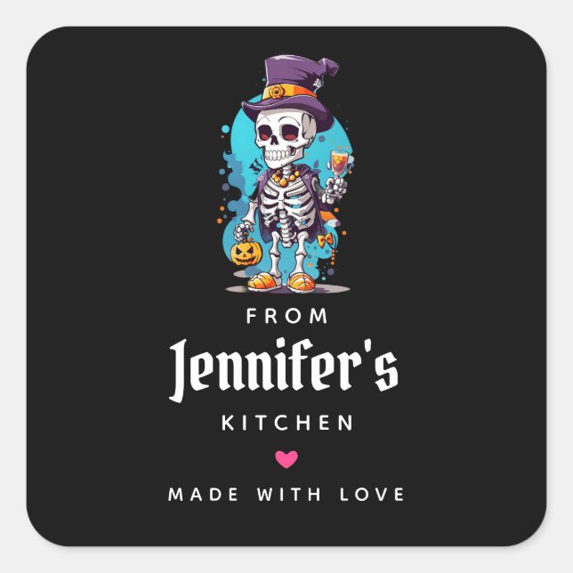 Cooles Skelett in einem Top Hat Halloween Kitchen Quadratischer Aufkleber (Vorderseite)