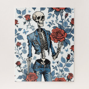 Cooles Skelett in Jean Jacket mit Rote Rosen