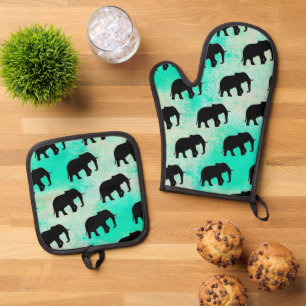 Cooles Tiermuster - Elefant 5a Ofenhandschuh & Topflappen-Set