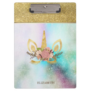 Cooles Trend Gold Glitter Einhorn Gesicht-Personal Klemmbrett