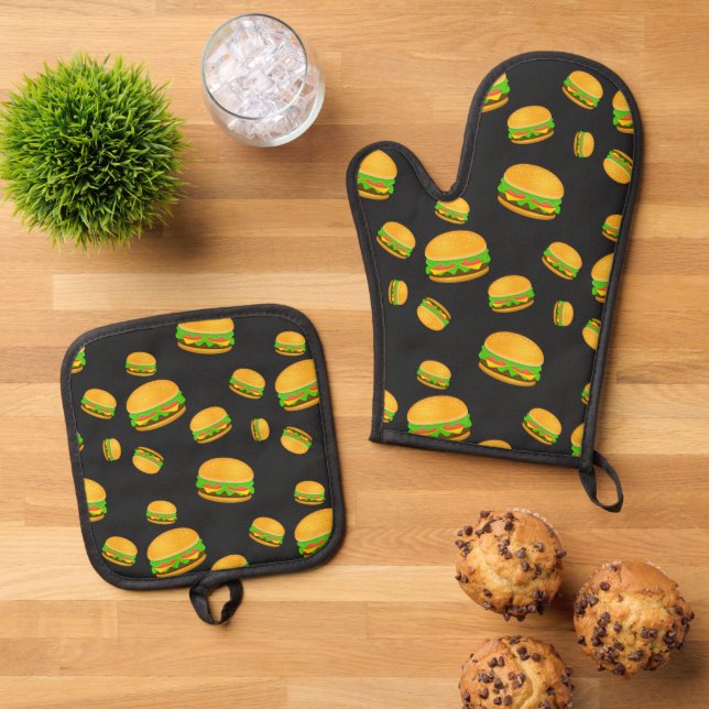 Cooles und lustiges Hammermuster dunkelgrau Ofenhandschuh & Topflappen-Set (Oben Unten)
