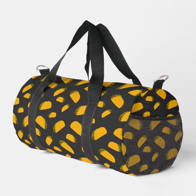 Cooles und lustiges Yummy-Taco-Muster dunkelgrau Duffle Bag (Rechte Ecke)