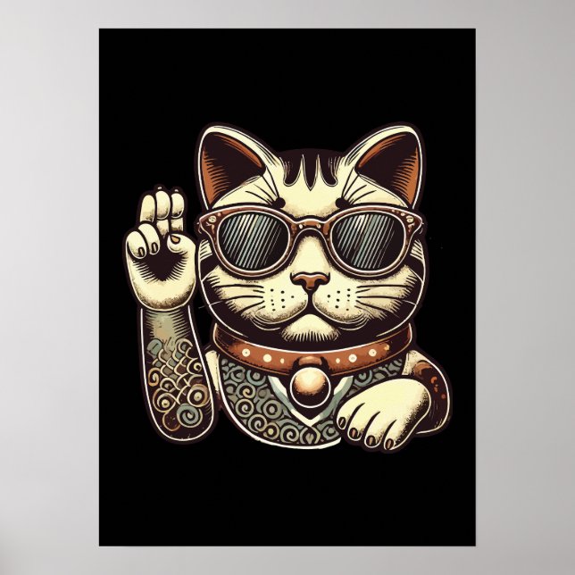 Cooles Vintages Maneki Neko Lucky Cat, Erfolgsgeld Poster (Vorne)