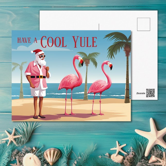 Cooles Weihnachten Santa and Flamingos Beach Weihn (Cool Yule Santa and Flamingos Beach Christmas Holiday Postcard)
