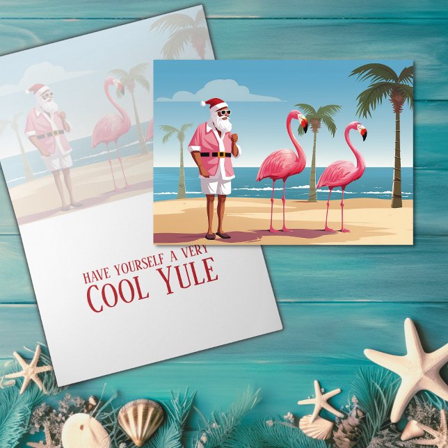 Cooles Weihnachten Santa and Flamingos Beach Weihn (Cool Yule Santa and Flamingos Beach Christmas Holiday Card)