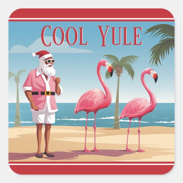 Cooles Weihnachten Santa and Flamingos Beach Weihn Quadratischer Aufkleber (Vorderseite)